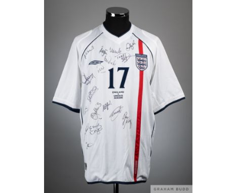 Teddy Sheringham white No.17 England v. Greece match issued short-sleeved shirt, 2001, Umbro, XL with v-neck collar and embro