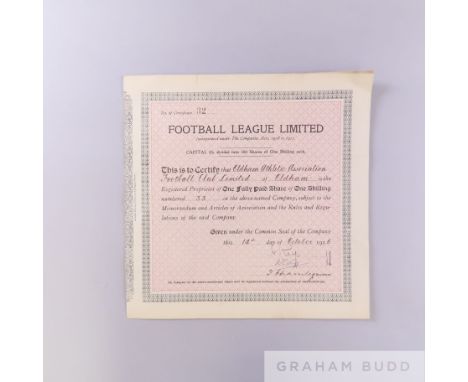 Oldham Athletic Football Club Football League Ltd share certificate, 1926 signed by Directors and secretary, signs of folds 