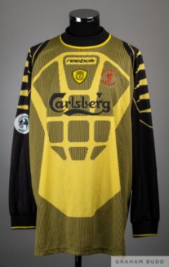 Sander Westerveld yellow and black No.1 Liverpool v. Bayern Munich UEFA Super Cup match worn long-sleeved goalkeepers shirt, 