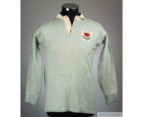 K. M. Ramsay sky blue No.9 New South Wales v. South Africa match worn rugby shirt, 1937,  David Jones, with button-up collar 