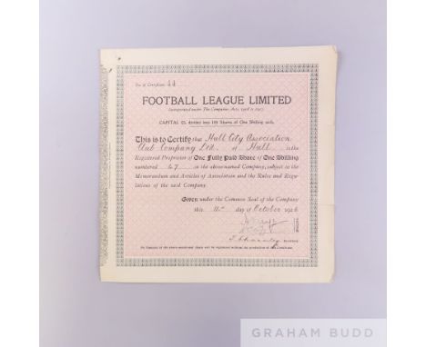 Hull City Football Club Football League Ltd share certificate, 1926 signed by Directors and secretary, signs of folds 