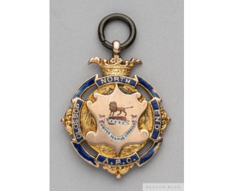 9ct gold and enamel Glossop North End medal, 1899 the obverse inscribed GLOSSOP NORTH END A.F.C, the reverse inscribed To Com