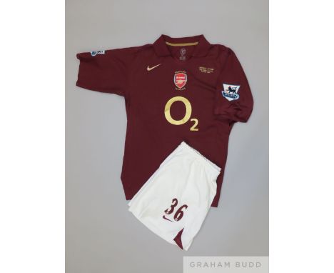 Johan Djourou redcurrant and gold No.36 Arsenal v. Wigan match issued short-sleeved shirt, 2006, Nike, XL with v-neck collar 