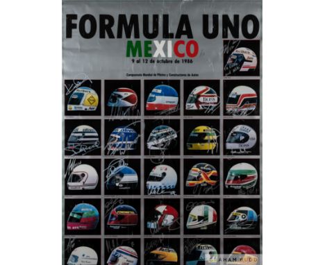 Formula Uno Mexico signed poster, 9th to 12th October 1986,&nbsp; the coloured print poster of 26 racing driver helmets, sign