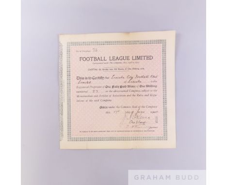 Lincoln City Football Club Football League Ltd share certificate, 1932 signed by Directors and secretary with typed letter re