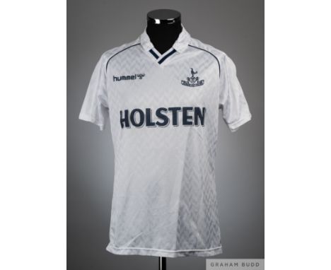 Paul Walsh white No.7 Tottenham Hotspur match worn short-sleeved shirt, 1988-89, Hummel, Kappa, L with v-neck collar and embr
