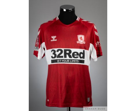 Jonny Howson red and white No.16 Middlesbrough v. Tottenham Hotspur F.A.Cup match worn short-sleeved shirt, 2021-22, Hummel, 