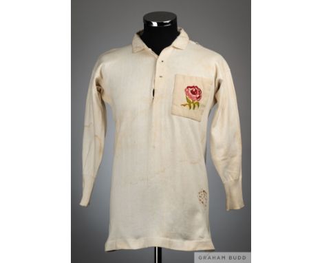Jim Brough white No.15 England v. Scotland International match worn rugby shirt, 1924-25,  Castell & Son, with button-up coll
