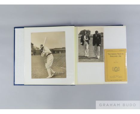 Personal cricket album belonging to Bill Pertwee MBE, including Test match programme and signed press photographs of the Indi