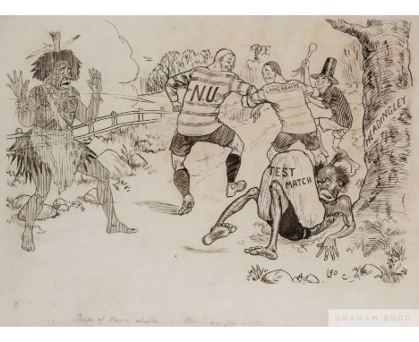 Rugby League caricature drawing by Leo C., pen and ink, mounted, glazed and framed, 53 x 63cm., slight discolouration,&nbsp;