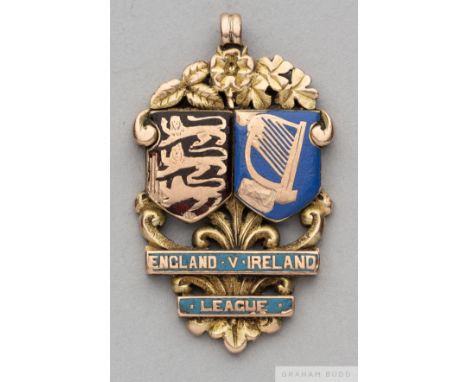 George Swift 9ct gold and enamel medal, 1895-96 the obverse inscribed ENGLAND V. IRELAND LEAGUE, the reverse inscribed THE FO