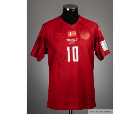 Christian Eriksen red No.10 Denmark v. Australia match worn 2022 World Cup short-sleeved shirt, Hummel with v-neck collar and