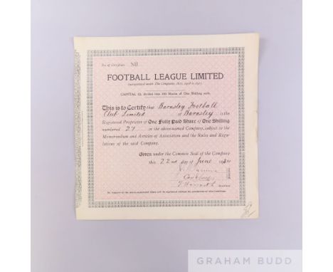 Barnsley Football Club Football League Ltd share certificate, 1934 signed by Directors and secretary, signs of folds 