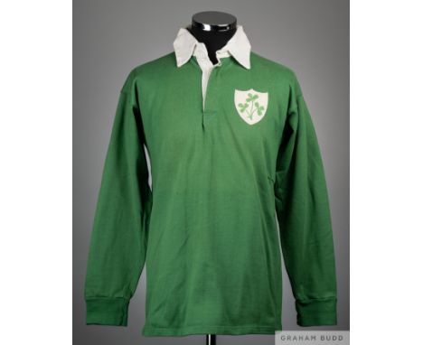 John O'Driscoll green and white no.6 Ireland International match worn shirt, 1981,  O'Neills, 41-42in., with button-up collar