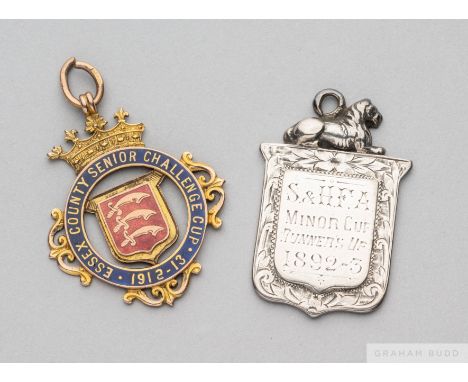 9ct gold and enamel Essex County Senior Challenge Cup 1912-13 with ring suspension, 8grms and a silver medal, the obverse ins