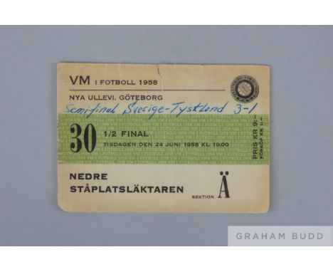 Sweden v. Germany 1958 World Cup semi-final ticket stub, 24th June 1958 with ink scores, slight tear