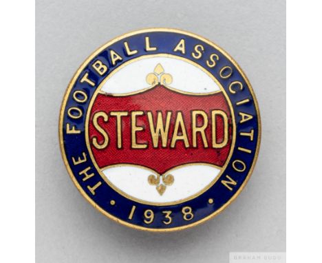 A gilt-metal and enamel 1938 F.A. Cup Steward's badgethe obverse inscribed THE FOOTBALL ASSOCIATION STEWARD 1938 with brooch 