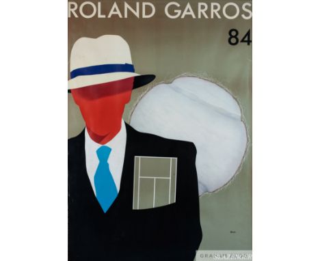 Lawn Tennis: an original Slazenger Roland Garros 84 print by Razzia,  large print, glazed and framed, 89 by 65cm.  Print bear