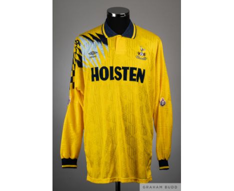 Gordon Durie yellow and blue No.8 Tottenham Hotspur match worn long-sleeved shirt, 1991-92, Umbro, L  with button-up collar a