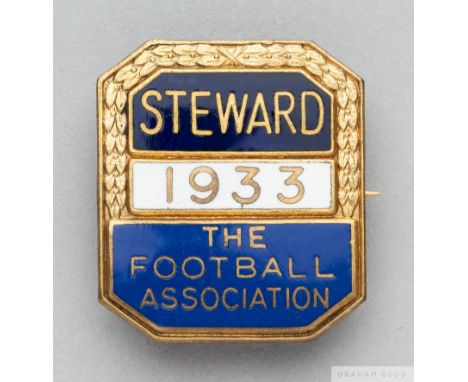 A gilt-metal and enamel 1933 F.A. Steward's badgethe obverse inscribed STEWARD 1933 THE FOOTBALL ASSOCIATION with brooch fitt