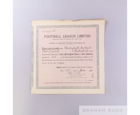Chesterfield Football Club Football League Ltd share certificate, 1931 signed by Directors and secretary, signs of folds 