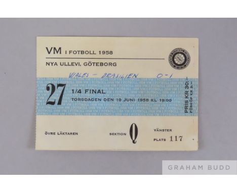Wales v. Brazil 1958 World Cup quarter-final ticket stub, 19th June 1958 with ink score  Pele's scored his first World Cup go