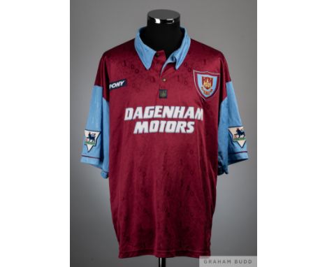 Robbie Slater claret and blue No.19 West Ham United match worn short-sleeved shirt 1995-96, Pony, XL with button-up collar an