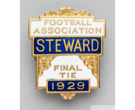 A gilt-metal and enamel 1929 F.A. Cup Steward's badgethe obverse inscribed THE FOOTBALL ASSOCIATION, STEWARD FINAL TIE 1929 w