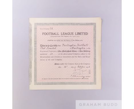 Darlington Football Club Football League Ltd share certificate, 1926 signed by Directors and secretary, signs of folds 
