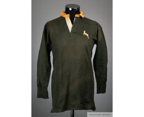 Green and yellow No.2 South African International match worn shirt,  Fletcher & Cartwright Ltd, with button-up collar and emb