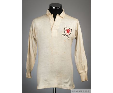 E.R Tucker white No.7 Mid Districts v. New Zealand XV match worn rugby shirt, 1935,  D.L. Davies, with button-up collar and e