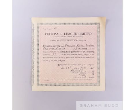 Doncaster Rovers Football Club Football League Ltd share certificate, 1935 signed by Directors and secretary, signs of folds 