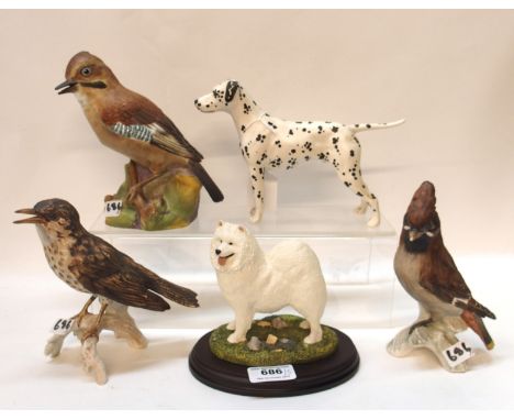 A Beswick figure of Dalmatian Arnoldene, Royal Worcester Jay, Goebel Song Thrush, a Waxwing and a Naturecraft figure of a Sam