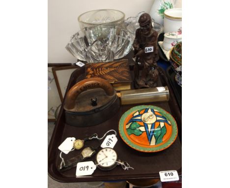 A Clarice Cliff circular butter dish and cover, a Kenrick iron, a fern decorated photograph and other items Condition Report: