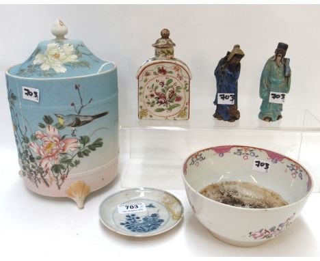 A Japanese pot and cover with textured surface, a porcelain tea caddy (af) two oriental figures, a famille rose bowl and a bl
