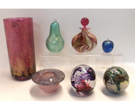 An unsigned John Ditchfield glass pear, 13.5cm high, a smaller apple, two art glass paperweights and three other pieces of gl