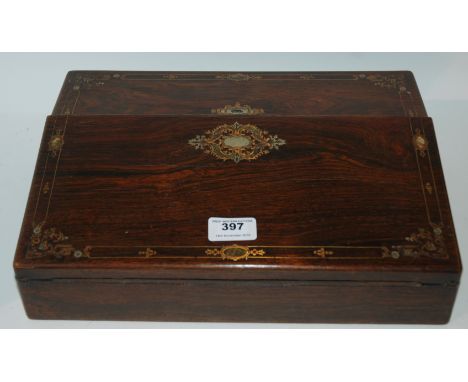 A rosewood and mother of pearl inlaid writing slope, 35cm wide and a cigarette box (2) Condition Report: Available upon reque