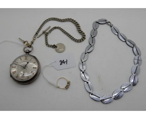 A lot comprising a silver pocket watch on white metal Albert, a 9ct stone set ring and a white metal necklet (4) Condition Re