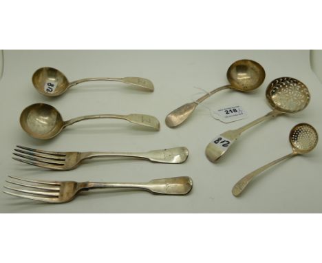 A lot comprising two silver sauce ladles, London 1831 and 1837, two sifter ladles, another sauce ladle and two dinner forks (