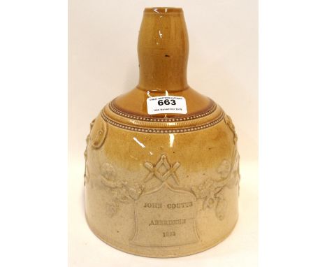 A Mason's Mallet whisky decanter in brown and tan glaze with raised Masonic symbols with central shield marked John Coutts, A