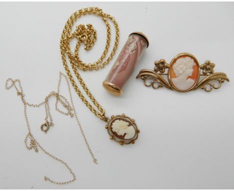 A 9ct gold cameo brooch, length 5cm, cameo pendant with 9ct chain and a yellow metal mounted ten shilling note charm, combine