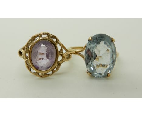 A yellow metal blue gem set ring, size Q1/2 and a 9ct gold amethyst ring (shank split) approx size M, combined weight 6gms Co