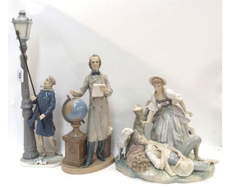 Three large Lladro groups including The Lamp Lighter, Shepherd and Shepherdess and a figure of a man standing by a globe Cond