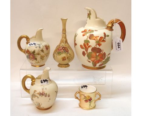 Three Royal Worcester jugs with foliate decoration together with a blush ivory vase and tyg Condition Report: Large jug broke