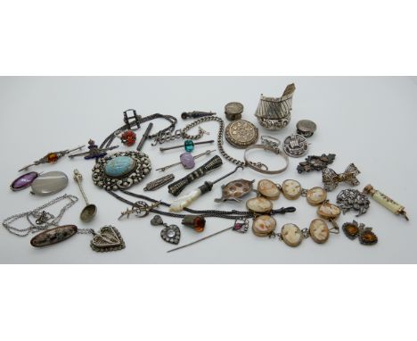 A silver Royal Artillery sweetheart brooch, Girls Association Viking longship brooch, a satsuma wear brooch of a duck and oth