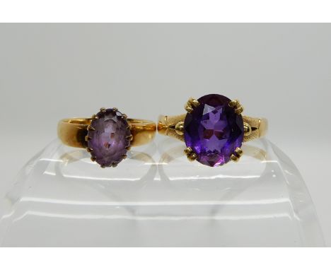 An 18ct gold amethyst ring, size U1/2 with Glasgow hallmarks, together with another size N, combined weight 8.8gms Condition 