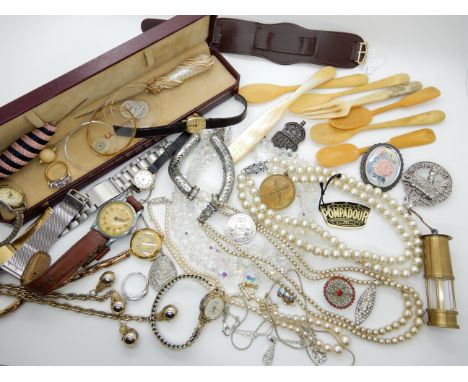 Vintage watches (af) costume jewellery, a shooting medal, bone spoons etc Condition Report: Not available for this lot