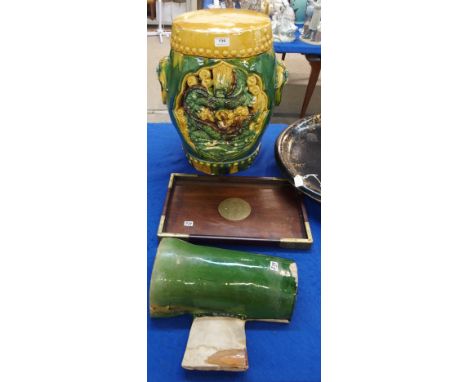 A Chinese mustard and green glaze garden seat together with a wooden tray and a green glazed roof tile Condition Report: Avai