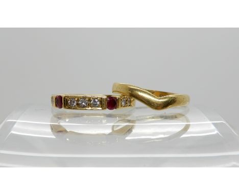 An 18ct gold ruby and diamond ring, size M1/2, together with a 18ct gold herringbone shaped wedding ring size L1/2, combined 