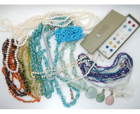 A collection of Honora cultured pearls, gemstone necklaces to include peridot, citrine, amethyst, and turquoise etc Condition